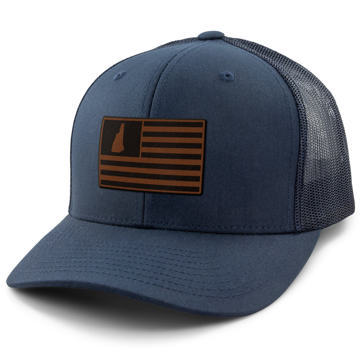 New Hampshire Striped Leather Patch Classic Snapback Trucker - Chowdaheadz