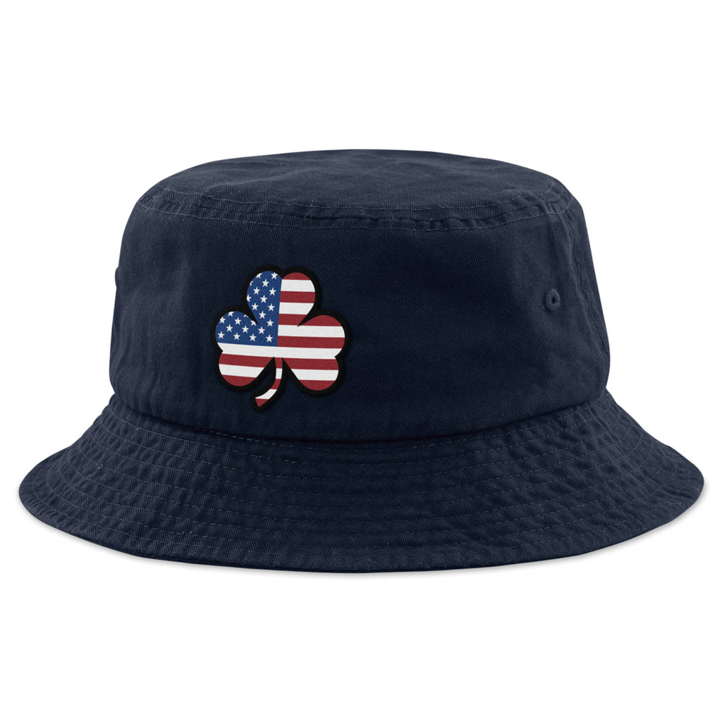 Side view of Shamrock Stars & Stripes bucket hat — embroidery and brim detail