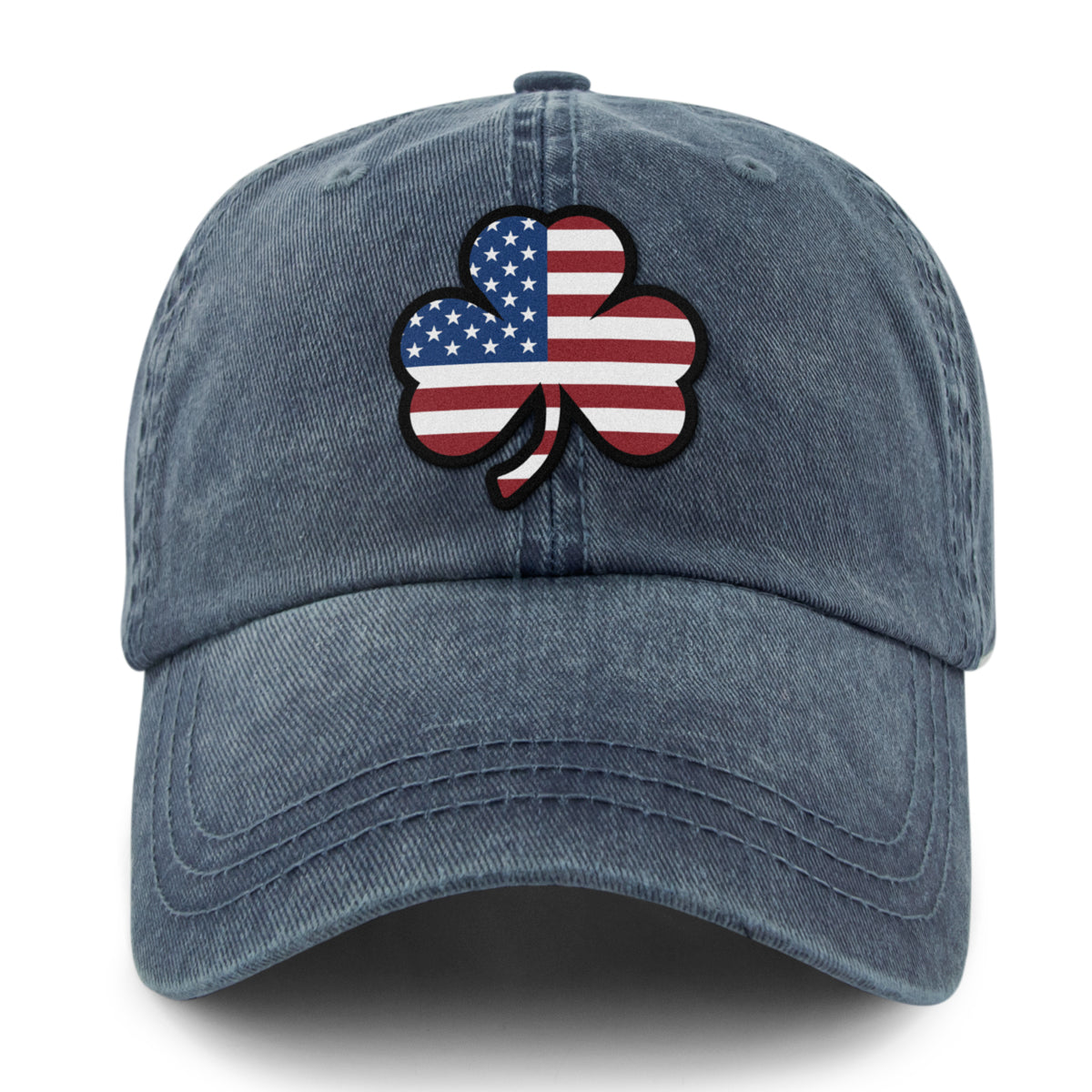 Close-up of Shamrock Stars & Stripes washed dad hat patch