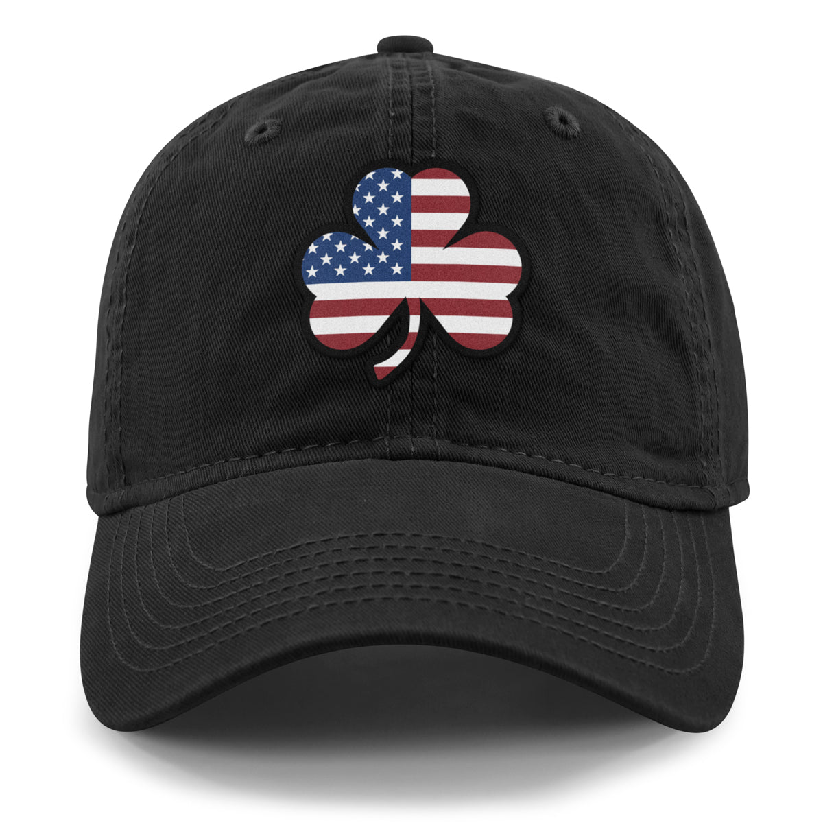 Shamrock Stars & Stripes dad hat in black — shamrock-on-flag patch on curved-brim cap