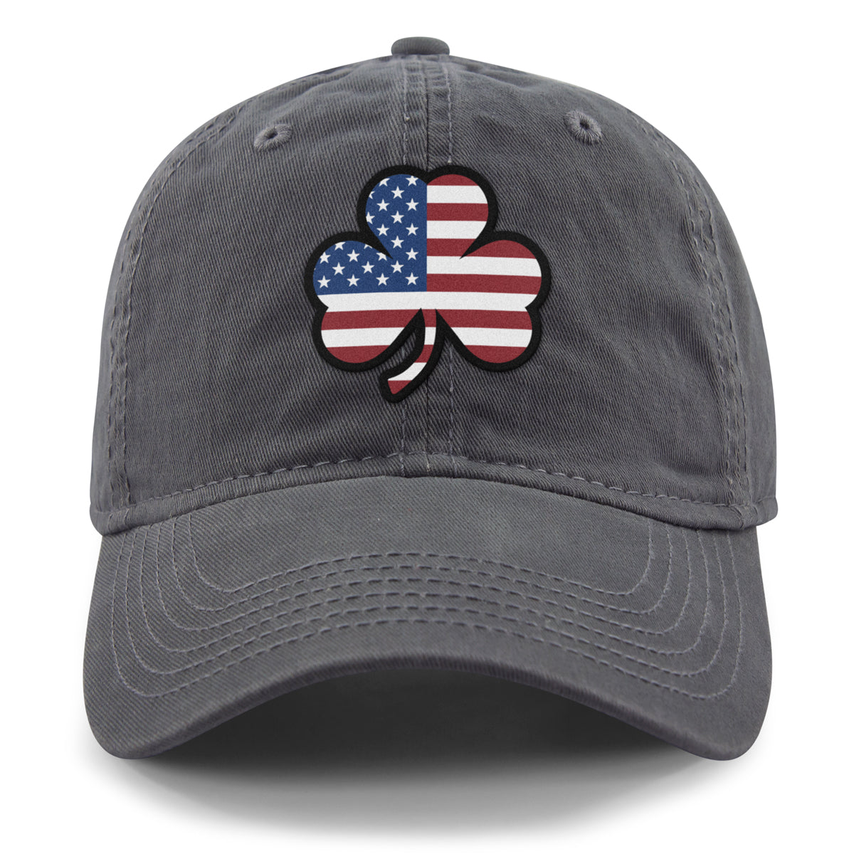 Front of charcoal Shamrock Stars & Stripes dad hat with shamrock-and-flag patch