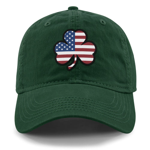 Front of dark green Shamrock Stars & Stripes dad hat with shamrock-and-flag patch