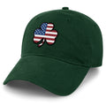 Shamrock Stars & Stripes dad hat in dark green — shamrock-on-flag patch on curved-brim cap
