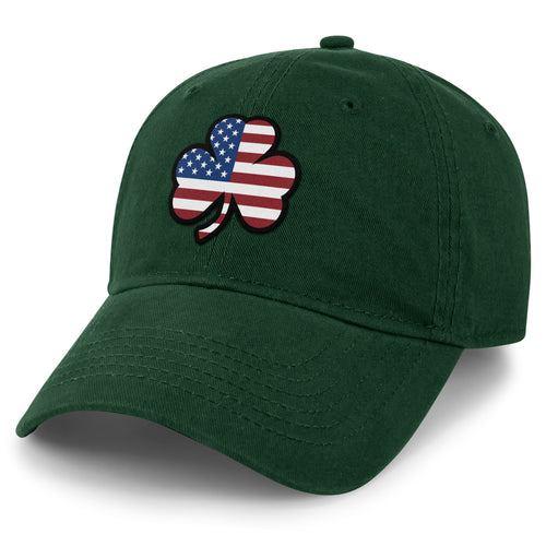 Shamrock Stars & Stripes dad hat in dark green — shamrock-on-flag patch on curved-brim cap