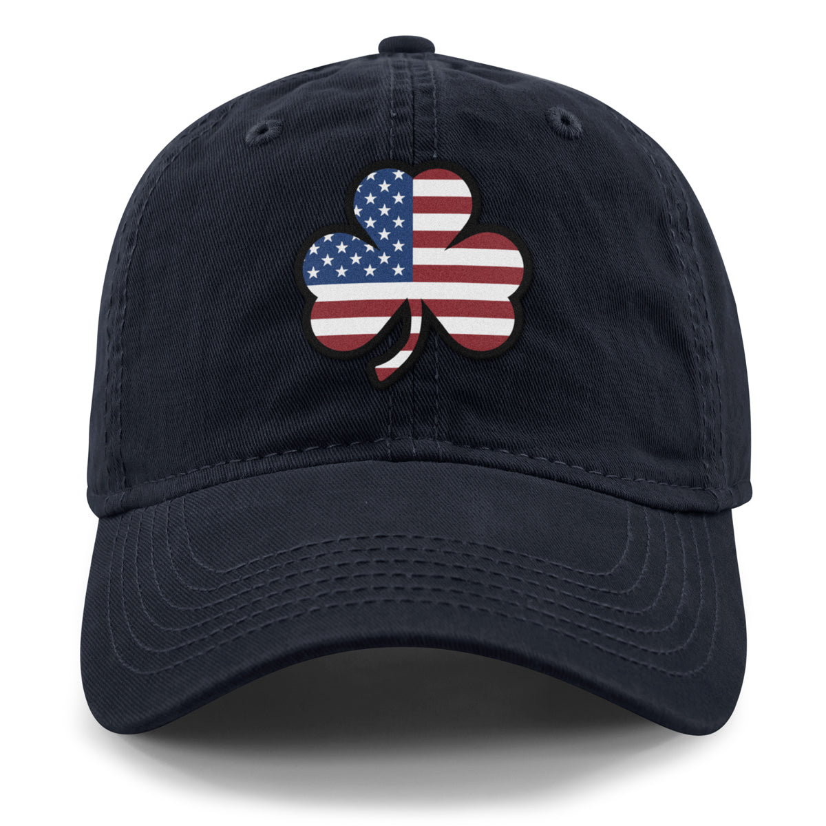 Front of navy Shamrock Stars & Stripes dad hat with shamrock-and-flag patch