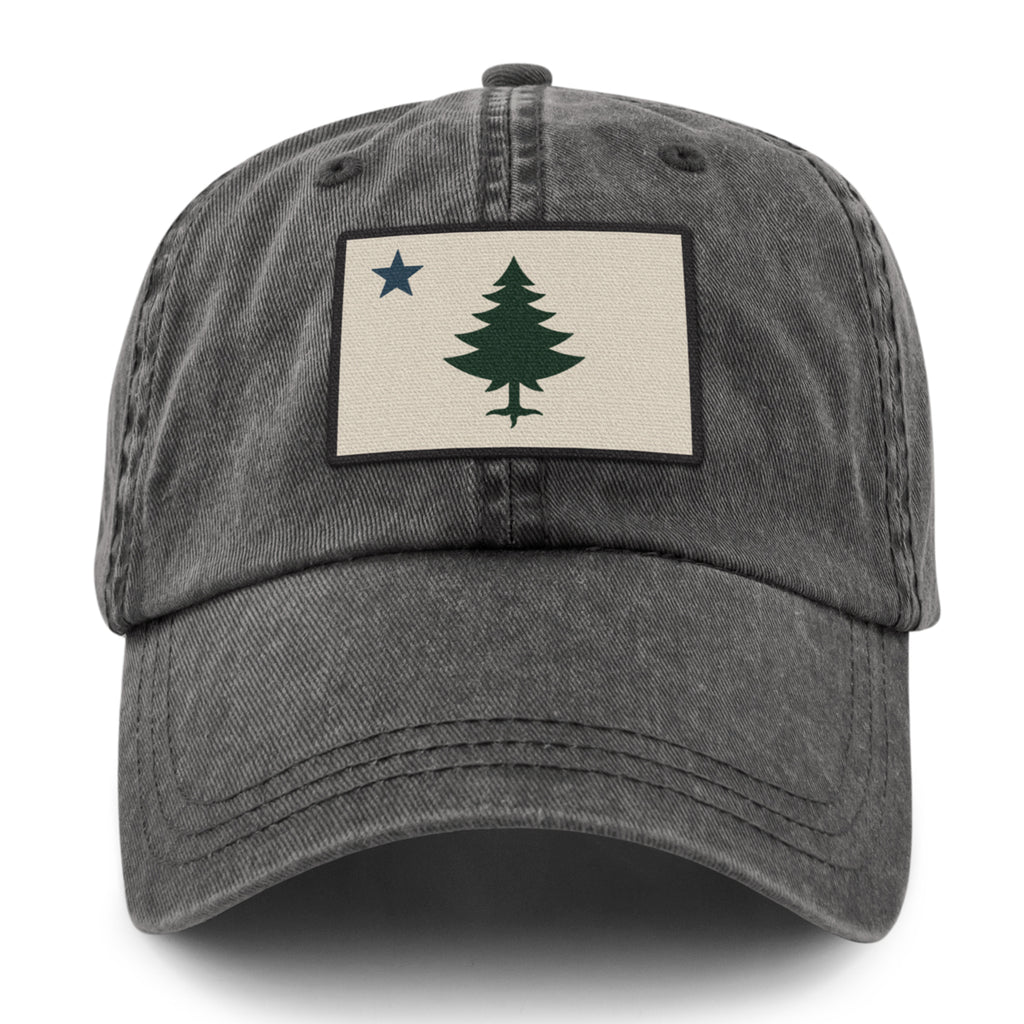 Vintage Maine Flag Washed Dad Hat — front view in Charcoal