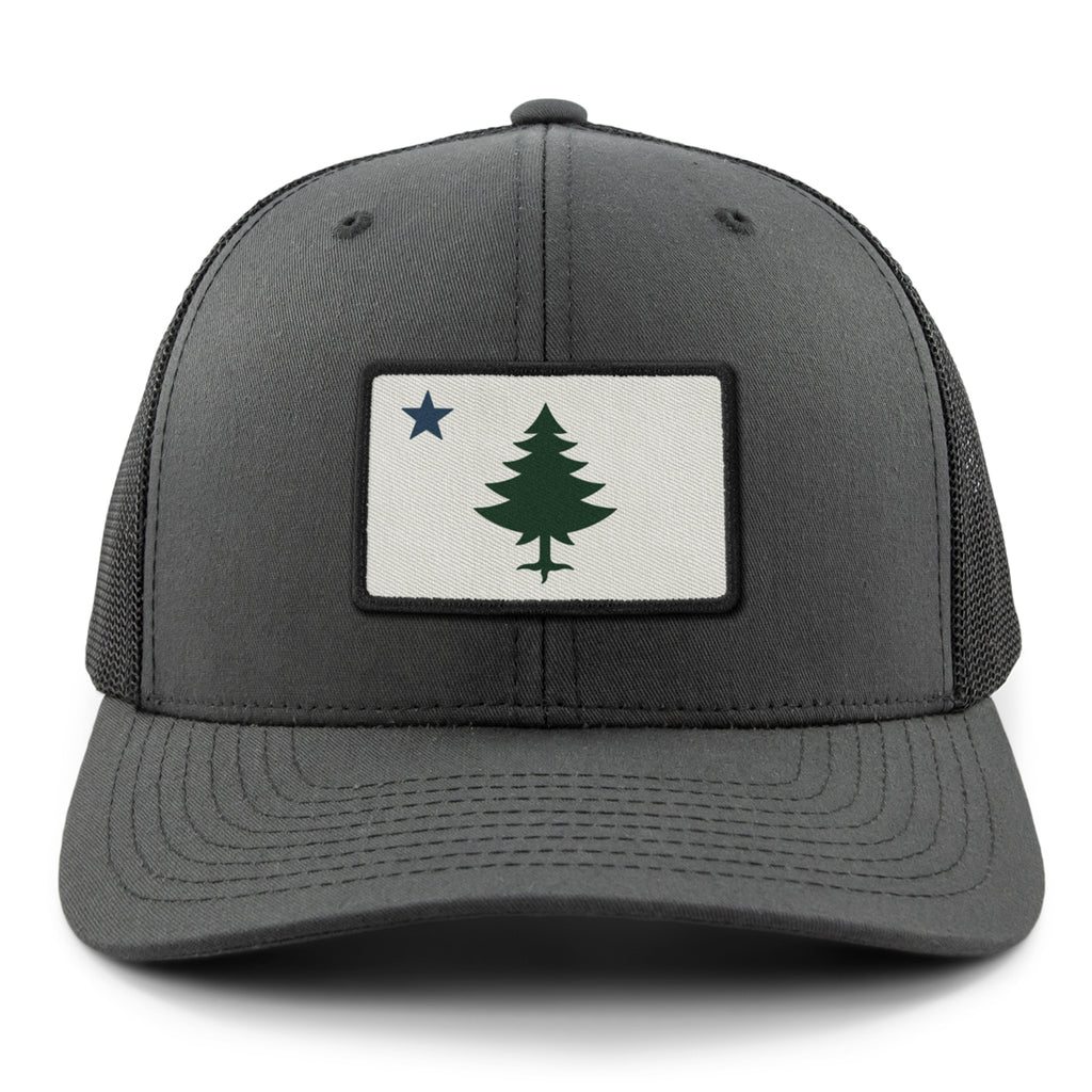 Vintage Maine Flag Classic Snapback Trucker Hat — front view in Charcoal