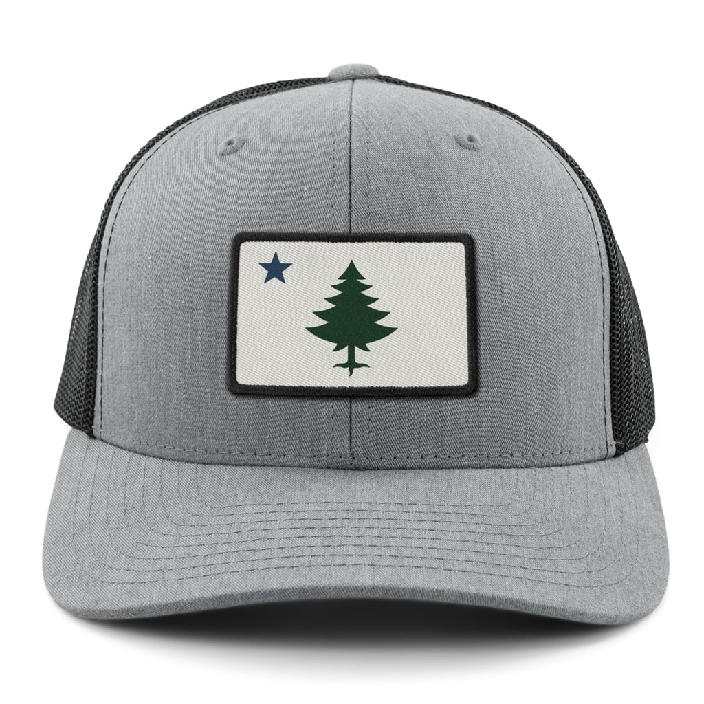 Vintage Maine Flag Classic Snapback Trucker Hat — front view in Gray