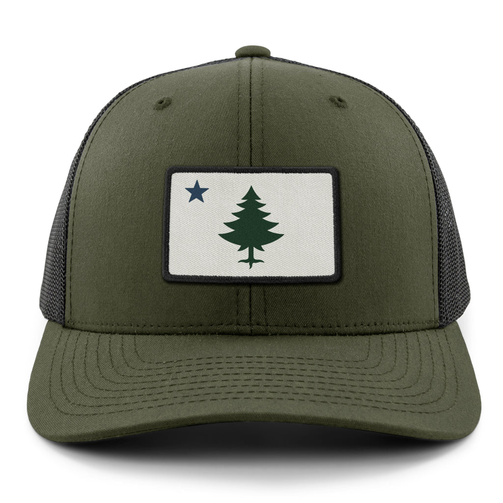 Vintage Maine Flag Classic Snapback Trucker Hat — front view in Military Green