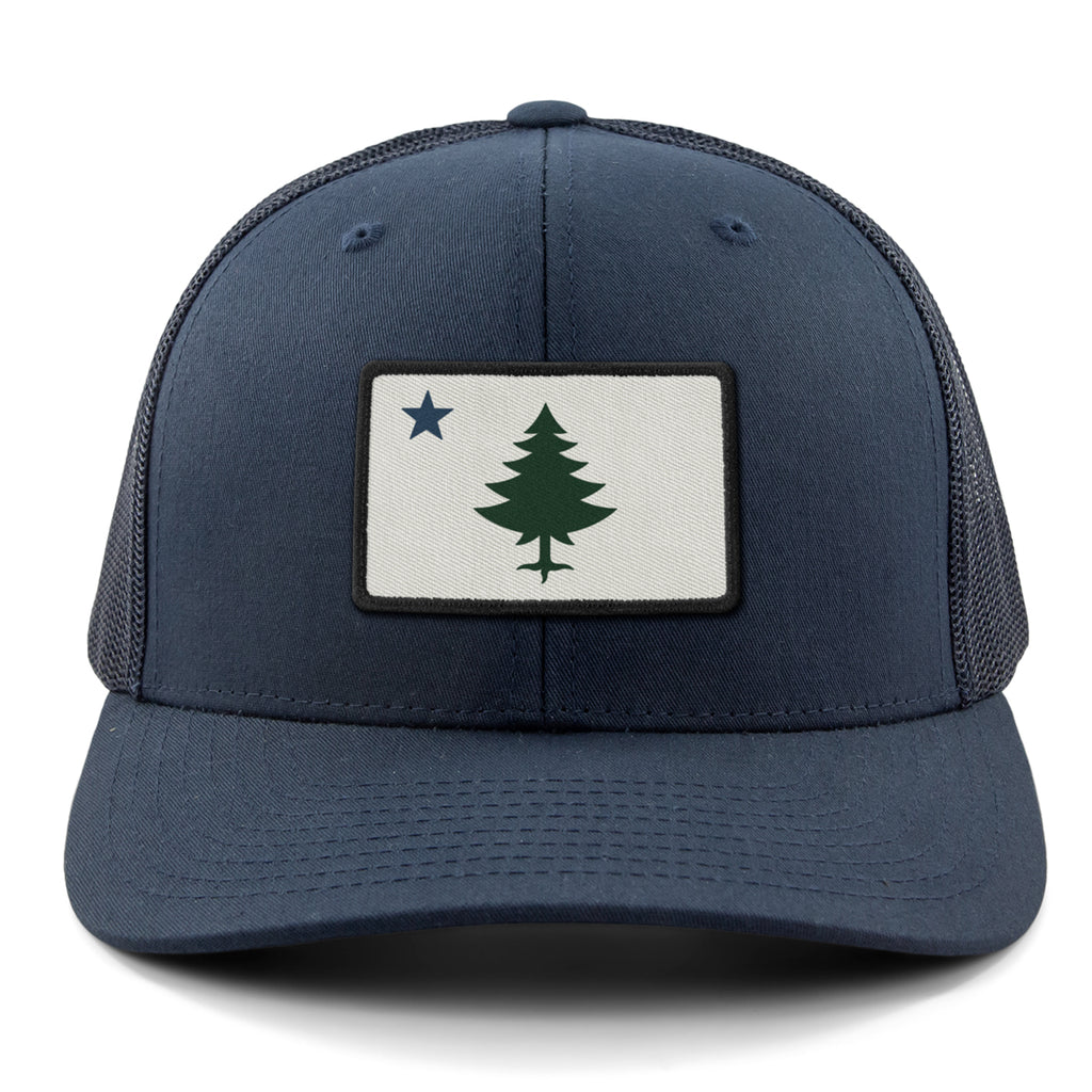 Vintage Maine Flag Classic Snapback Trucker Hat — front view in Navy