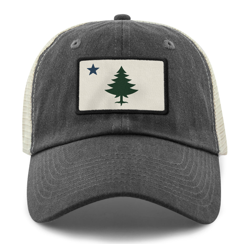 Vintage Maine Flag Relaxed Trucker Hat — front view in Black