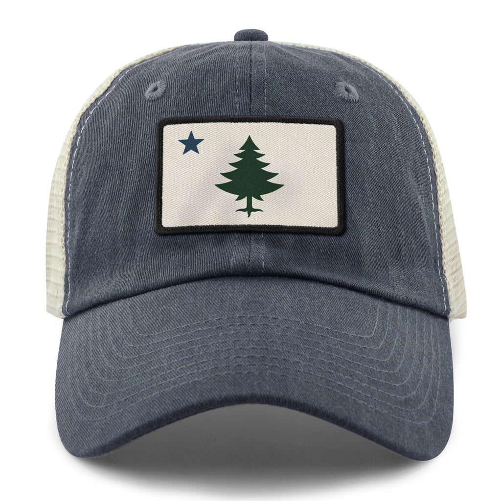 Vintage Maine Flag Relaxed Trucker Hat — front view in Navy