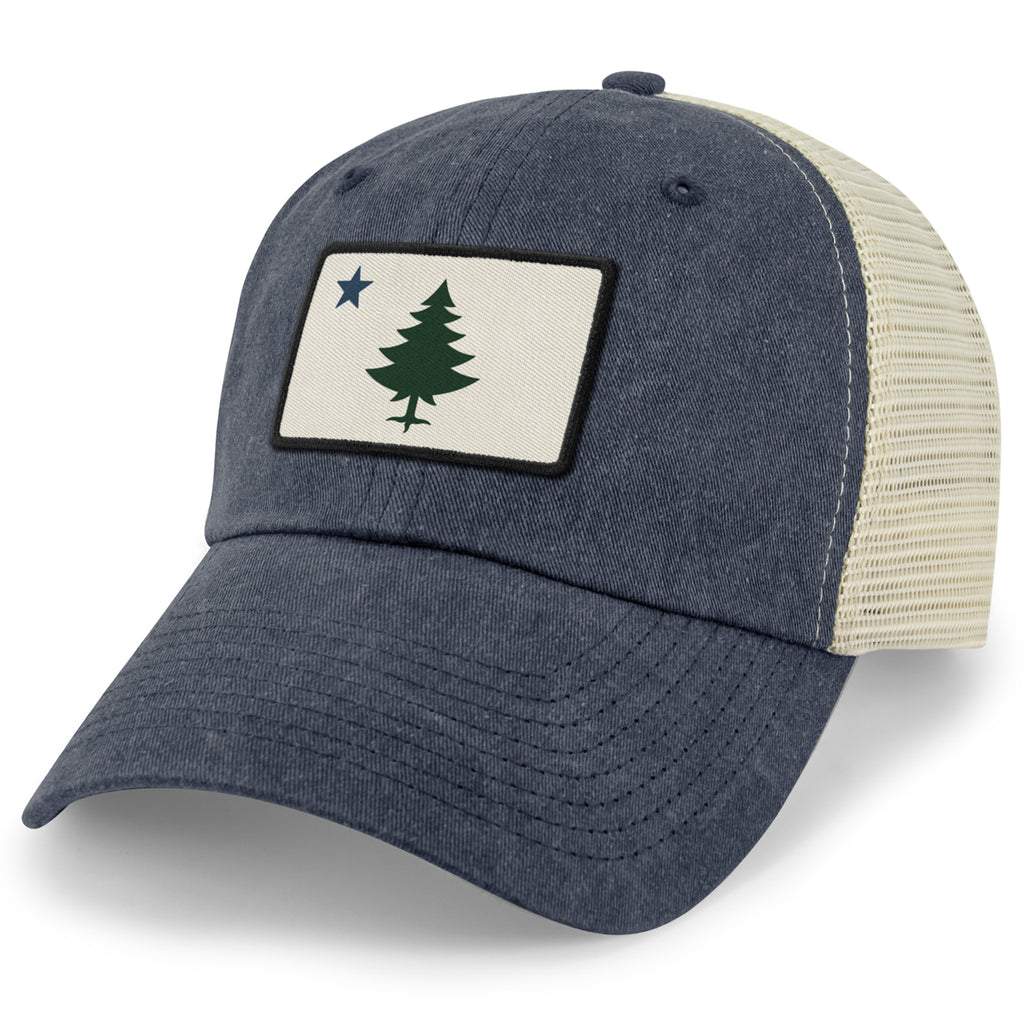 Vintage Maine Flag Relaxed Trucker Hat — main product view in Navy