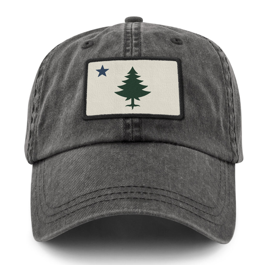 Vintage Maine Flag Washed Dad Hat — front view in Charcoal
