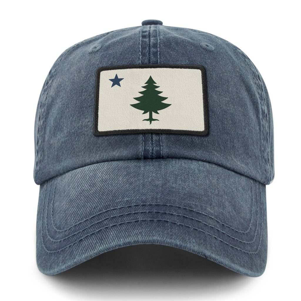 Vintage Maine Flag Washed Dad Hat — front view in Navy