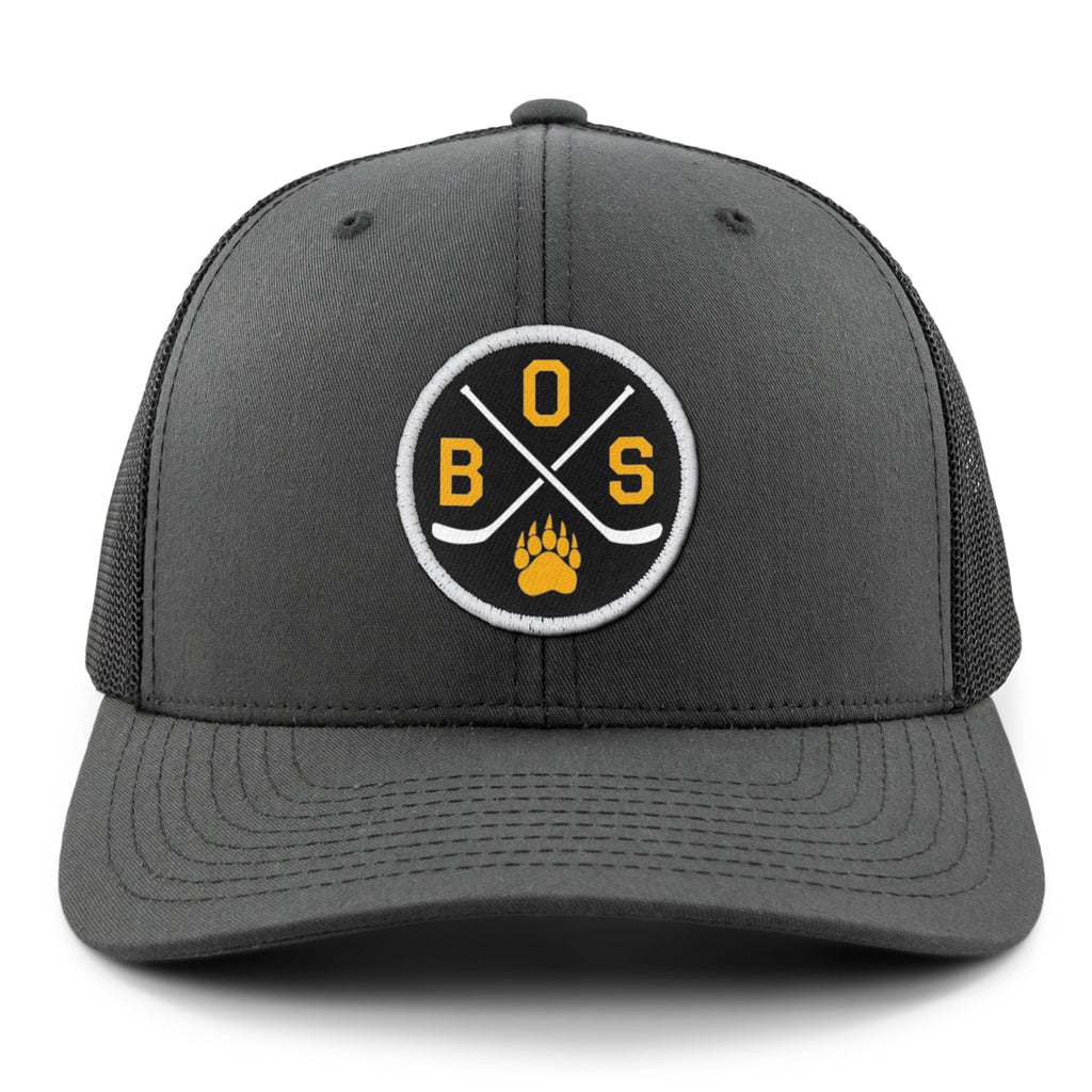 BOS Hockey Emblem Classic Snapback Trucker Hat — front view in Charcoal