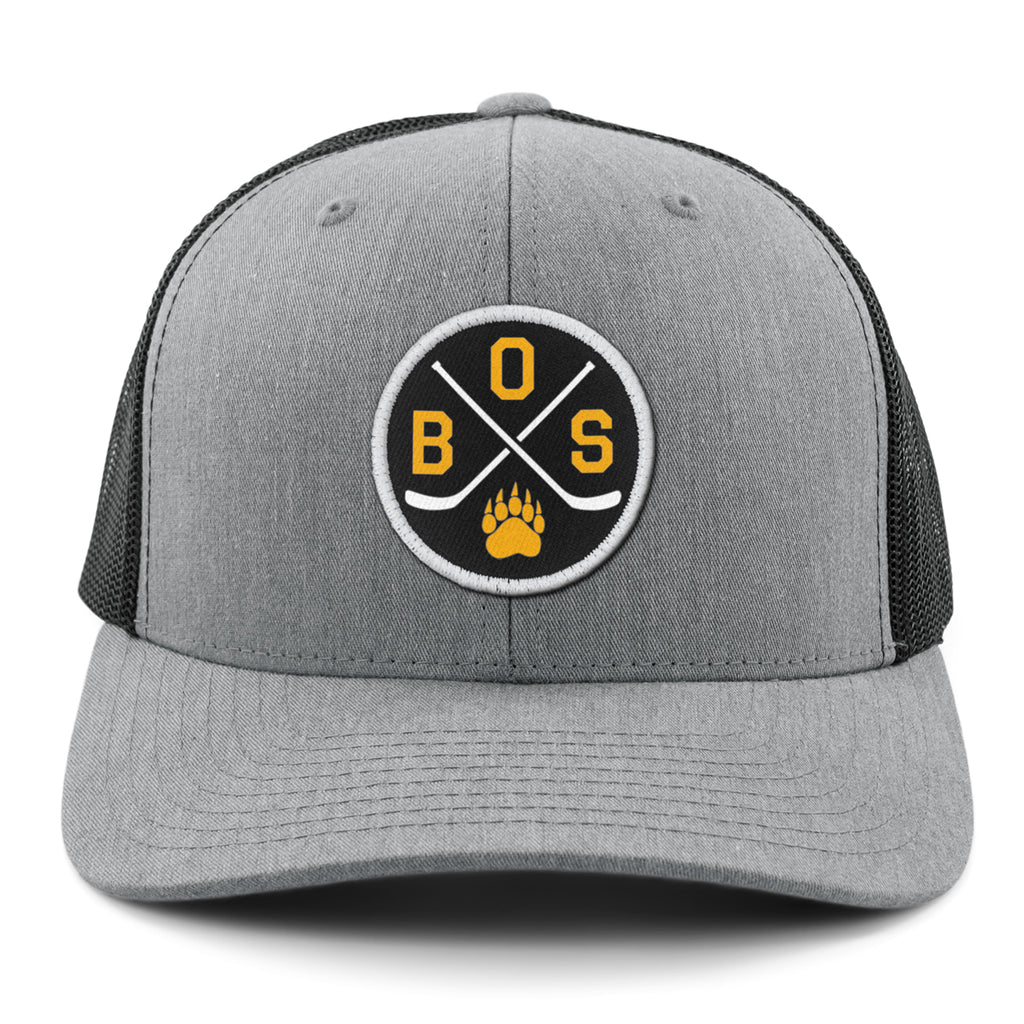 BOS Hockey Emblem Classic Snapback Trucker Hat — front view in Gray