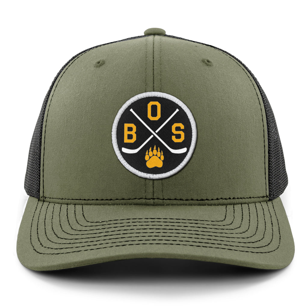 BOS Hockey Emblem Classic Snapback Trucker Hat — front view in Military Green
