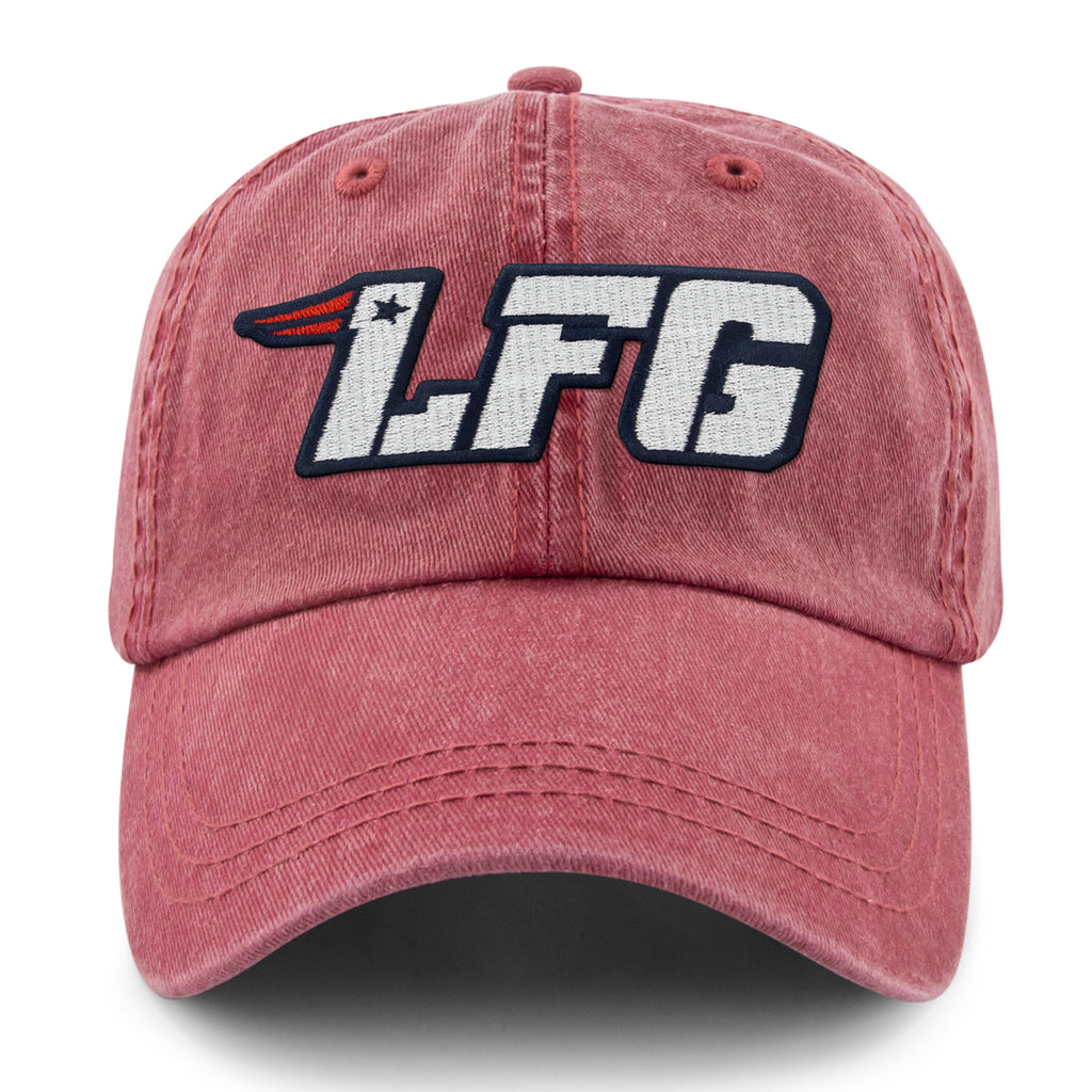 Cardinal LFG New England washed dad hat showing the white letter patch and star detail from the front