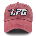 Cardinal LFG New England washed dad hat showing the white letter patch and star detail from the front