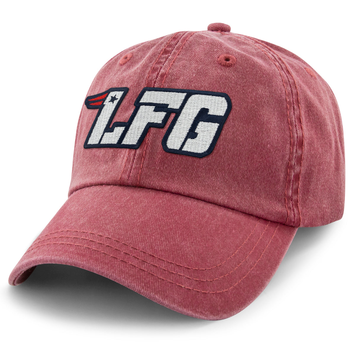 Cardinal washed dad hat with white LFG patch, navy outlines and red accents, angled front view