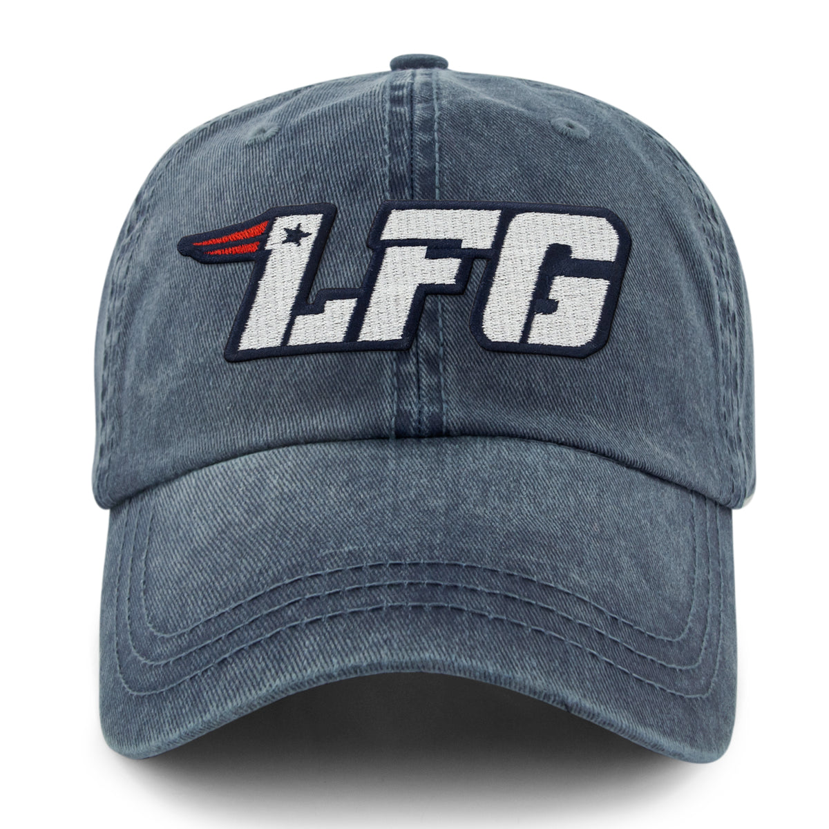 Navy LFG New England washed dad hat showing the white letter patch and star detail from the front