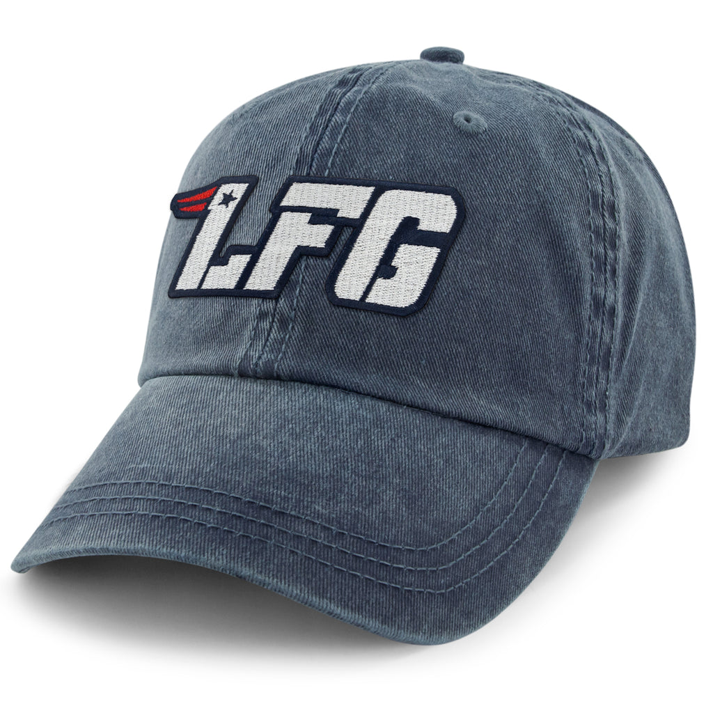 Navy washed dad hat with white LFG patch, navy outlines and red accents, angled front view