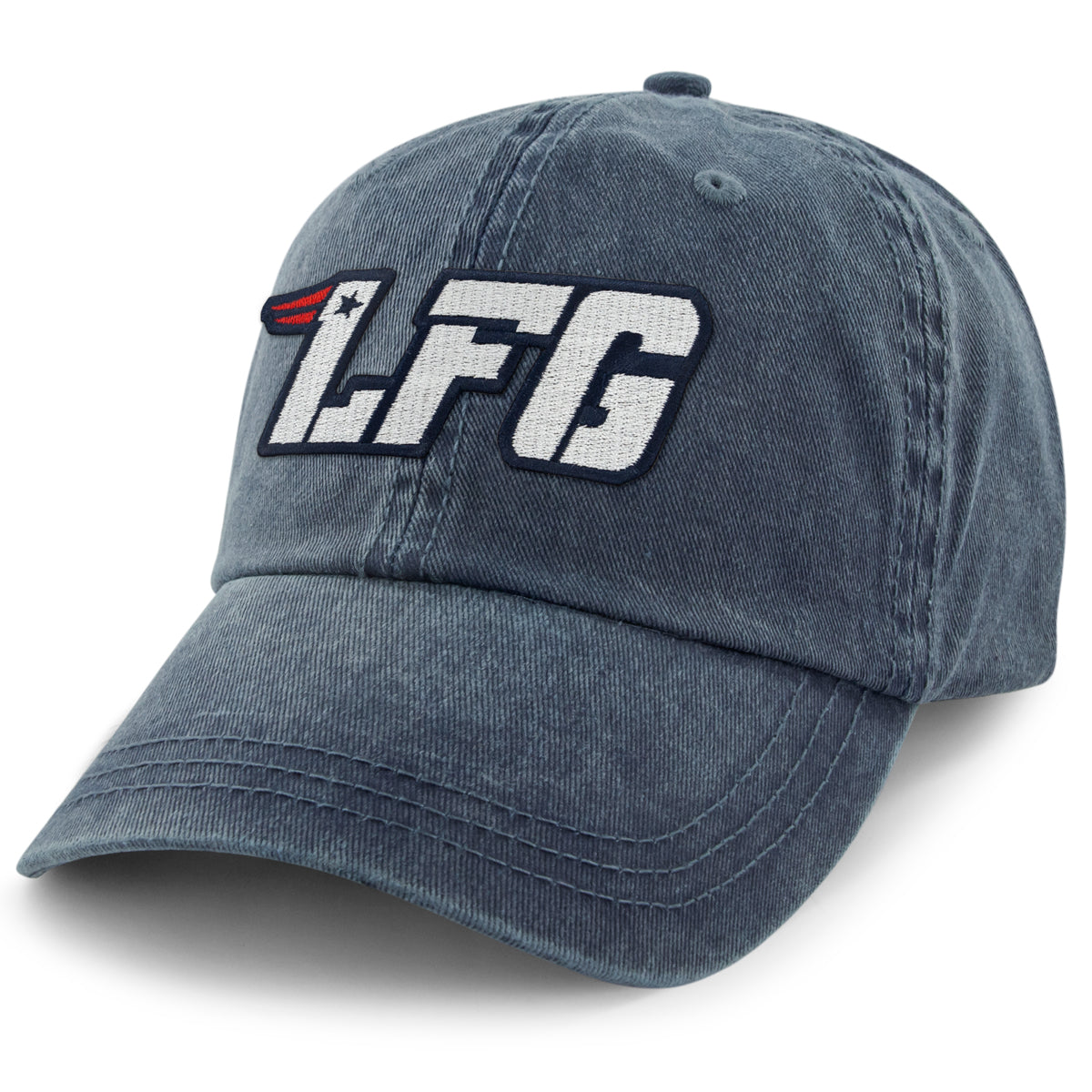 Navy washed dad hat with white LFG patch, navy outlines and red accents, angled front view