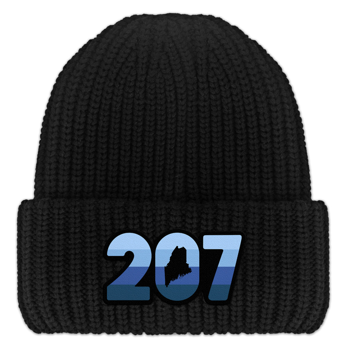 Front view of a black Retro 207 Maine chunky knit winter hat with blue-striped numbers and a state silhouette in the zero