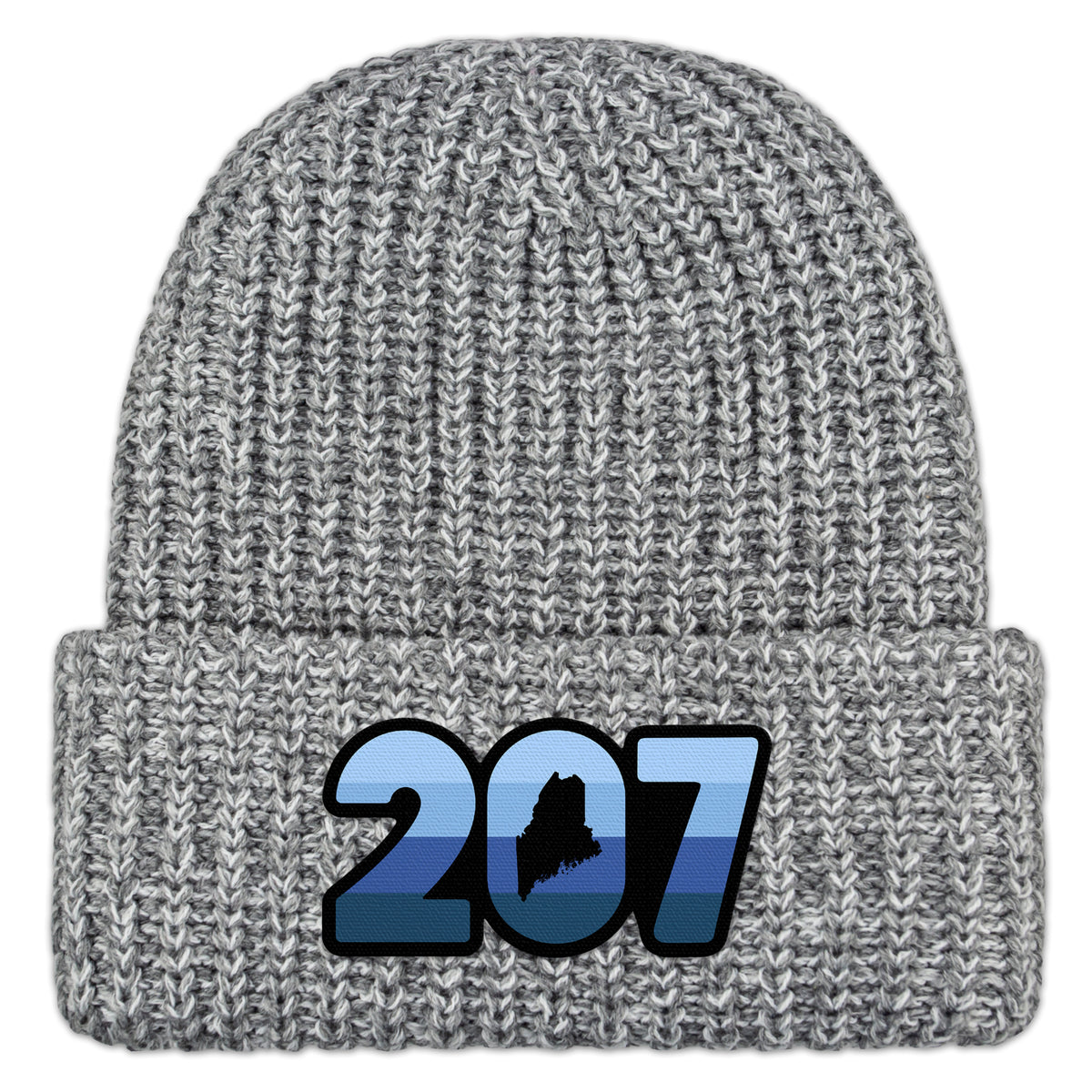Front view of a gray Retro 207 Maine chunky knit winter hat with blue-striped numbers and a state silhouette in the zero