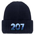 Front view of a navy Retro 207 Maine chunky knit winter hat with blue-striped numbers and a state silhouette in the zero