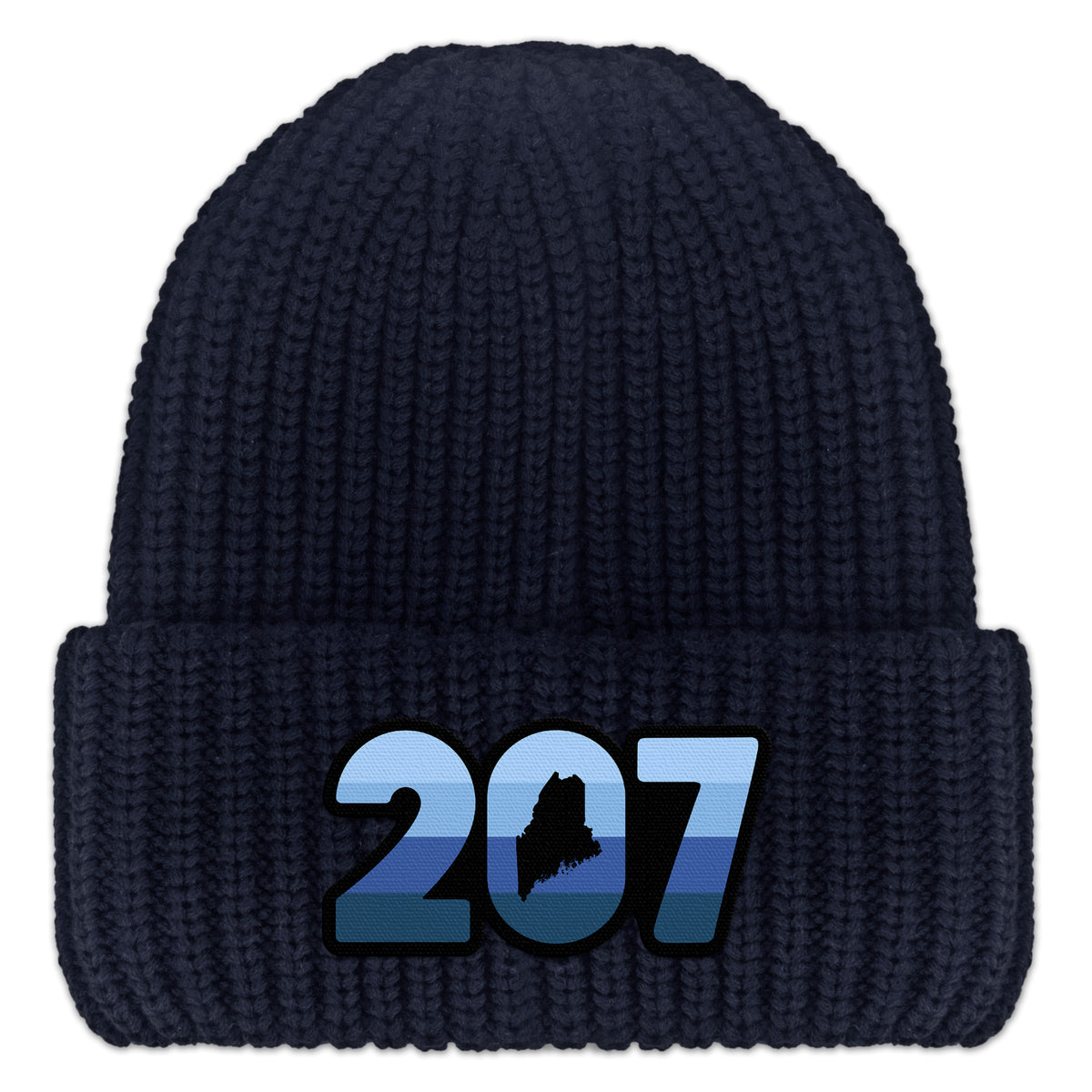 Front view of a navy Retro 207 Maine chunky knit winter hat with blue-striped numbers and a state silhouette in the zero