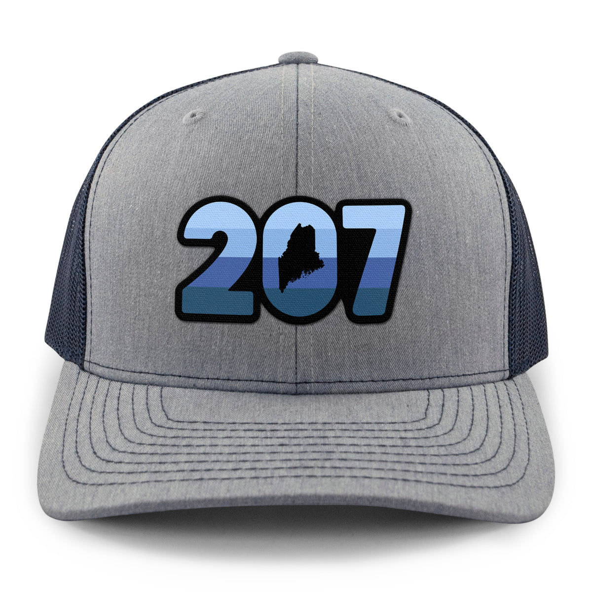 Front view of a navy/gray Retro 207 Maine snapback trucker hat with blue-striped numbers and a state silhouette in the zero