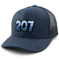 Three-quarter front view of a navy Retro 207 Maine snapback trucker hat with blue-striped numbers and a state silhouette in the zero