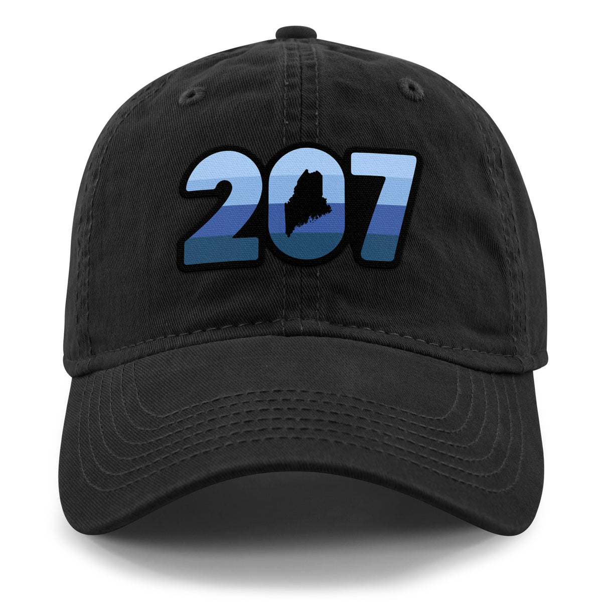 Front view of a black Retro 207 Maine dad hat with blue-striped numbers and a state silhouette in the zero