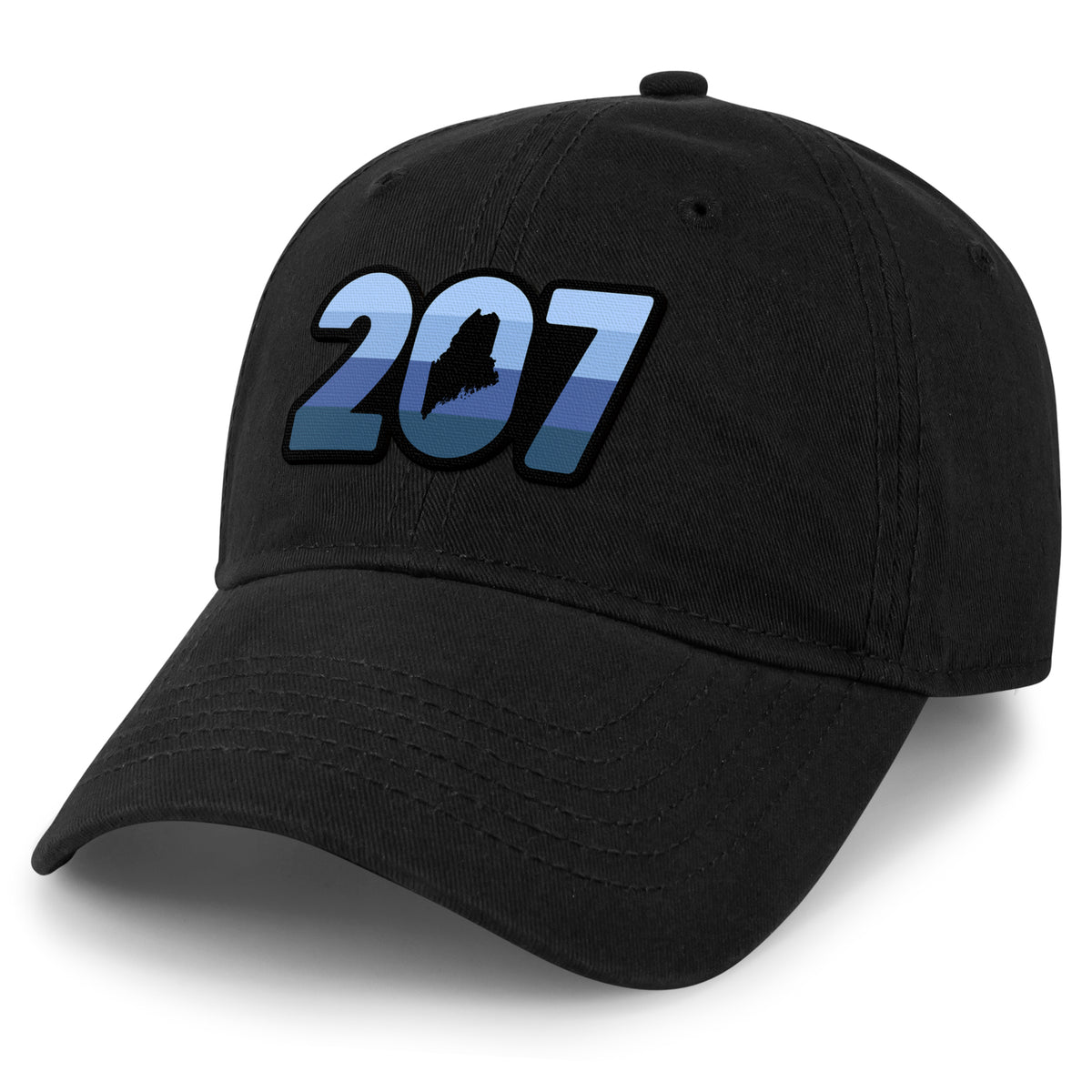 Three-quarter front view of a black Retro 207 Maine dad hat with blue-striped numbers and a state silhouette in the zero