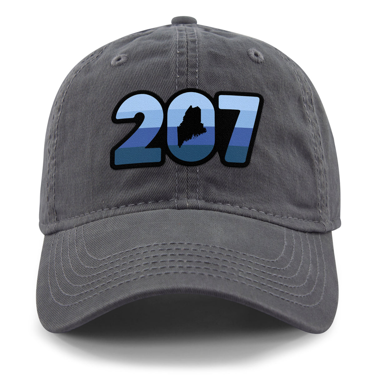 Front view of a charcoal Retro 207 Maine dad hat with blue-striped numbers and a state silhouette in the zero