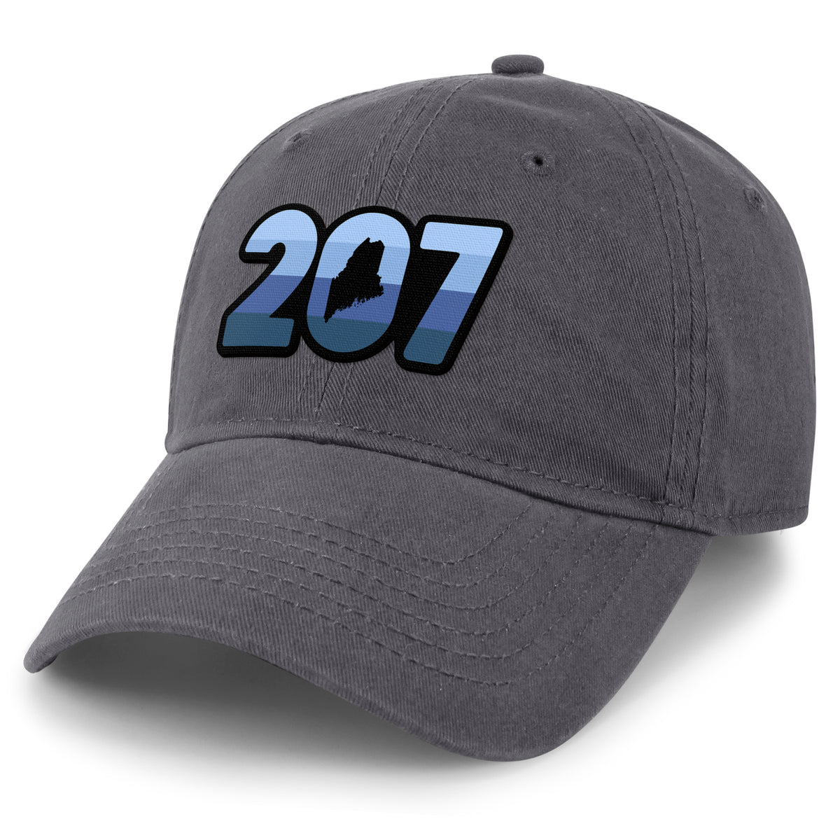 Three-quarter front view of a charcoal Retro 207 Maine dad hat with blue-striped numbers and a state silhouette in the zero
