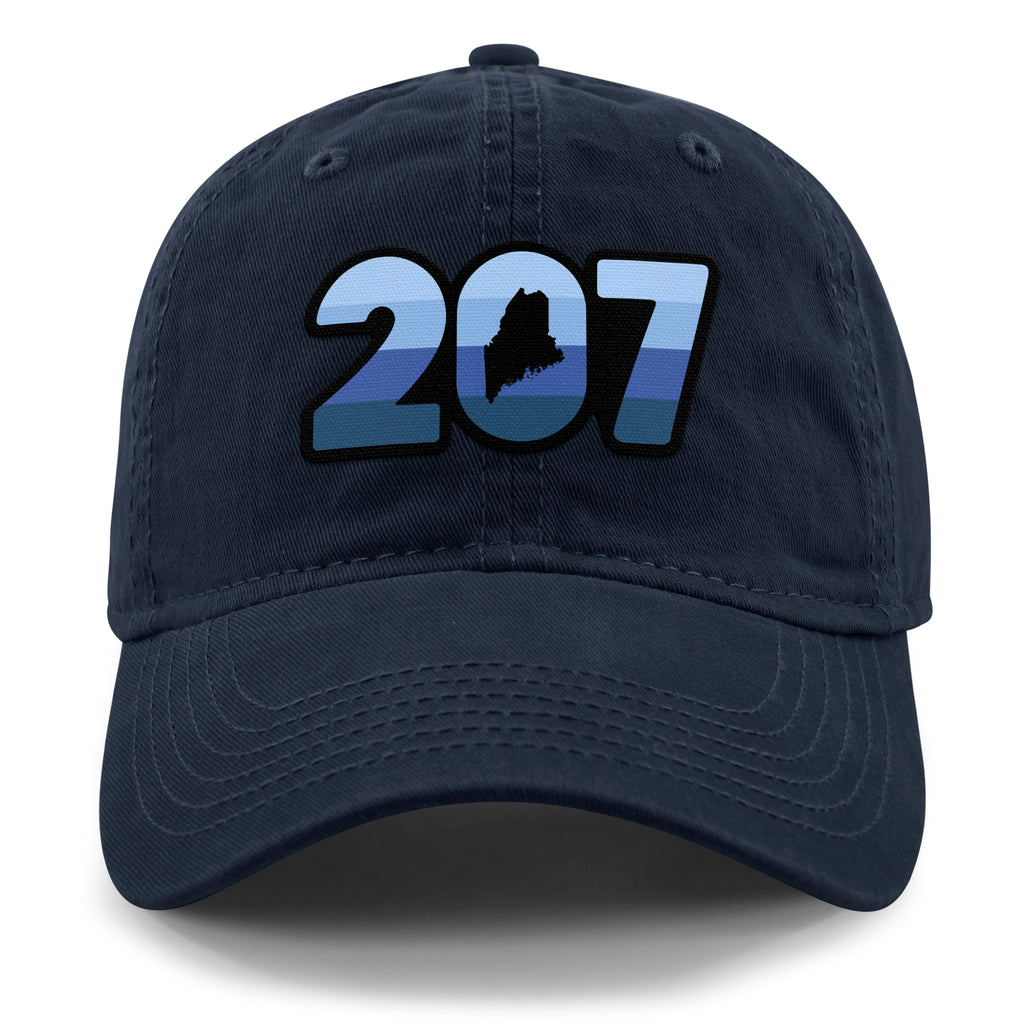 Front view of a navy Retro 207 Maine dad hat with blue-striped numbers and a state silhouette in the zero