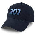 Three-quarter front view of a navy Retro 207 Maine dad hat with blue-striped numbers and a state silhouette in the zero