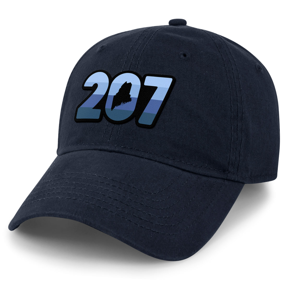 Three-quarter front view of a navy Retro 207 Maine dad hat with blue-striped numbers and a state silhouette in the zero
