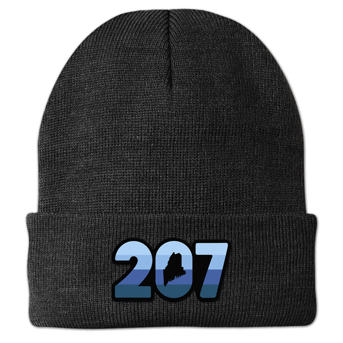 Front view of a charcoal Retro 207 Maine cuff knit hat with blue-striped numbers and a state silhouette in the zero