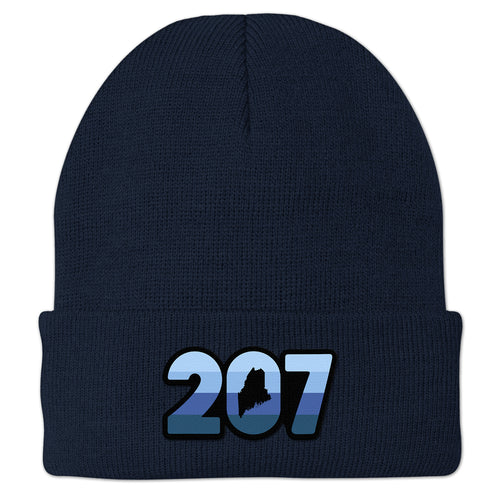 Front view of a navy Retro 207 Maine cuff knit hat with blue-striped numbers and a state silhouette in the zero