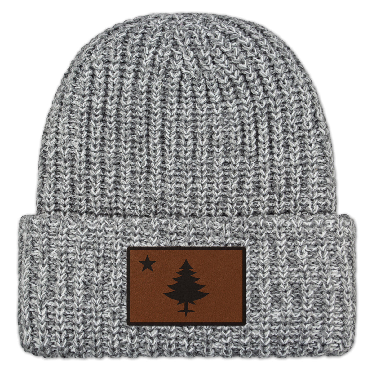 Vintage Maine Flag Leather Patch Chunky Knit Winter Hat