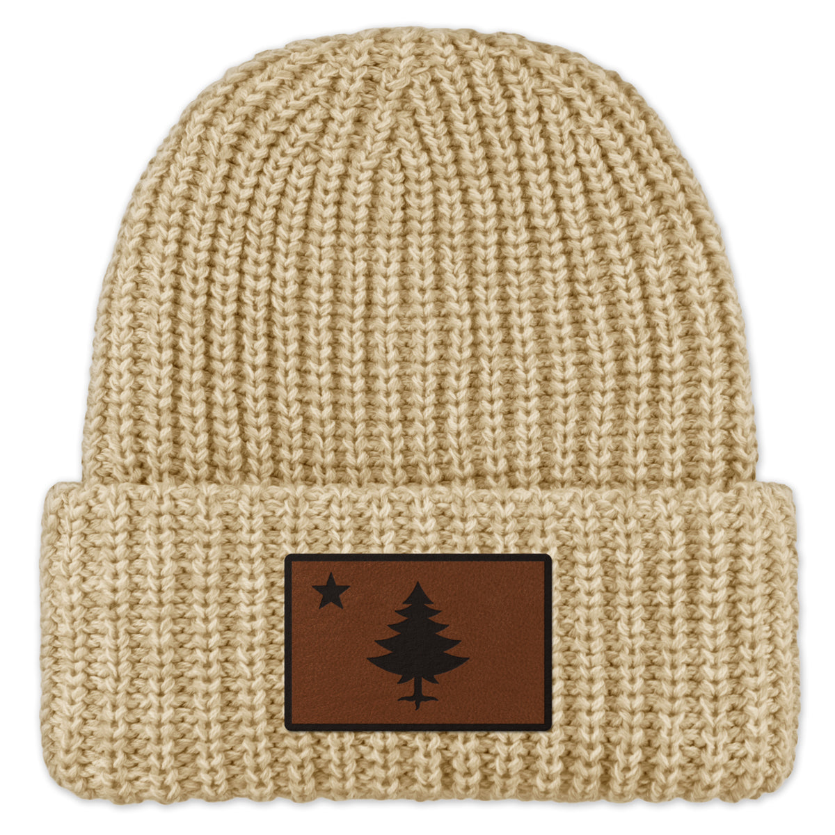 Vintage Maine Flag Leather Patch Chunky Knit Winter Hat