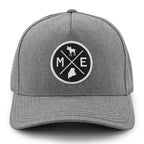 Front of gray Maine Circle Emblem performance hat with circular Maine patch