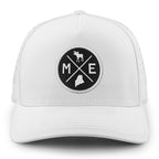 Front of white Maine Circle Emblem performance hat with circular Maine patch