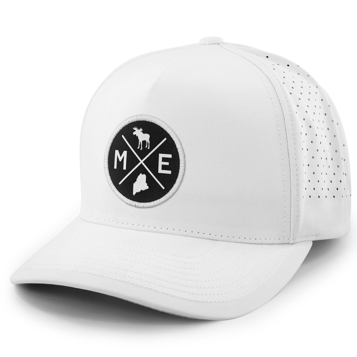 Maine Circle Emblem performance hat in white — Maine emblem patch on perforated 5-panel cap