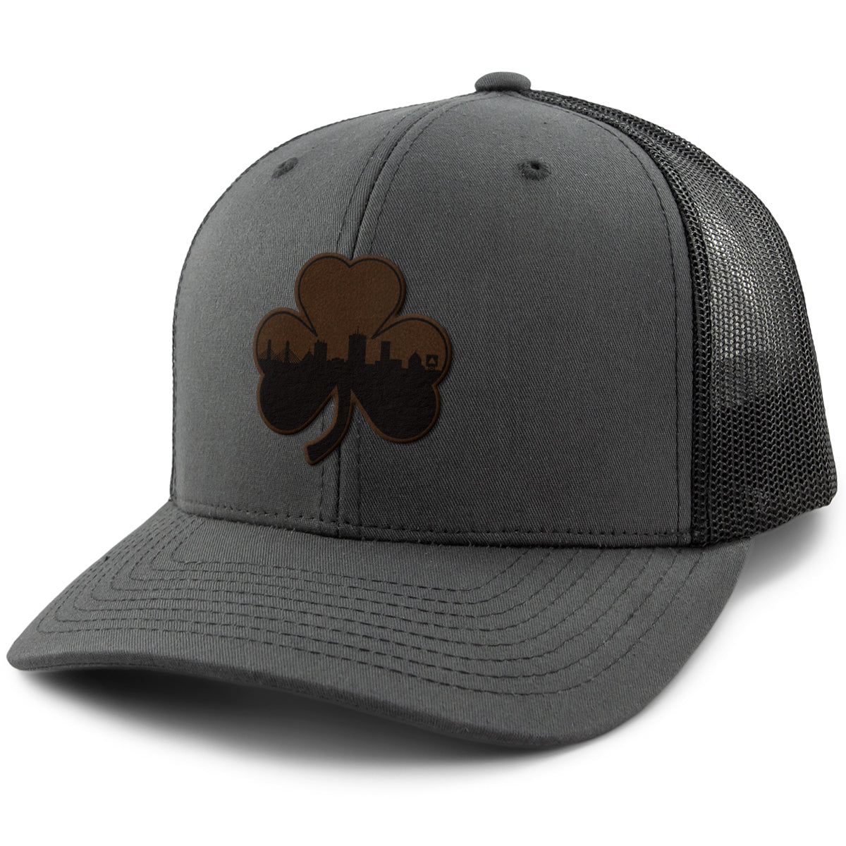 Boston Shamrock Skyline Leather Patch Classic Snapback Trucker - Chowdaheadz