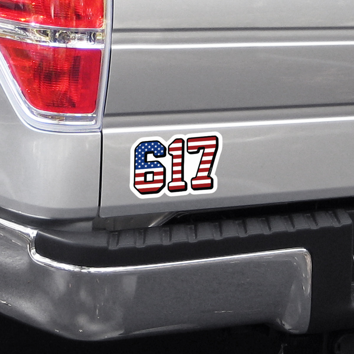 Close-up of Boston 617 USA sticker design — 617 area code and flag detail